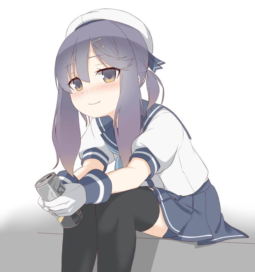 1girl beer_can black_legwear blue_neckwear blue_ribbon blue_sailor_collar blue_skirt can commentary_request feet_out_of_frame gloves gradient_hair hat highres kantai_collection multicolored_hair neckerchief orange_hair pleated_skirt puffy_short_sleeves puffy_sleeves purple_eyes purple_hair ribbon sailor_collar sailor_hat school_uniform serafuku short_hair short_sleeves sidelocks simple_background skirt soba_(sobaya1938) solo squatting strong_zero thighhighs tsushima_(kantai_collection) white_background white_gloves white_headwear