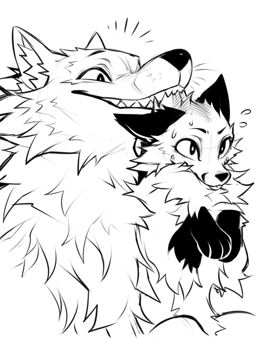 2020 blep bodily_fluids canid canine canis carrying duo falvie falvie_(character) fox fur grin hi_res inner_ear_fluff lifting mammal monochrome mouth_hold smile sweat sweatdrop tongue tongue_out tuft whiskers wolf