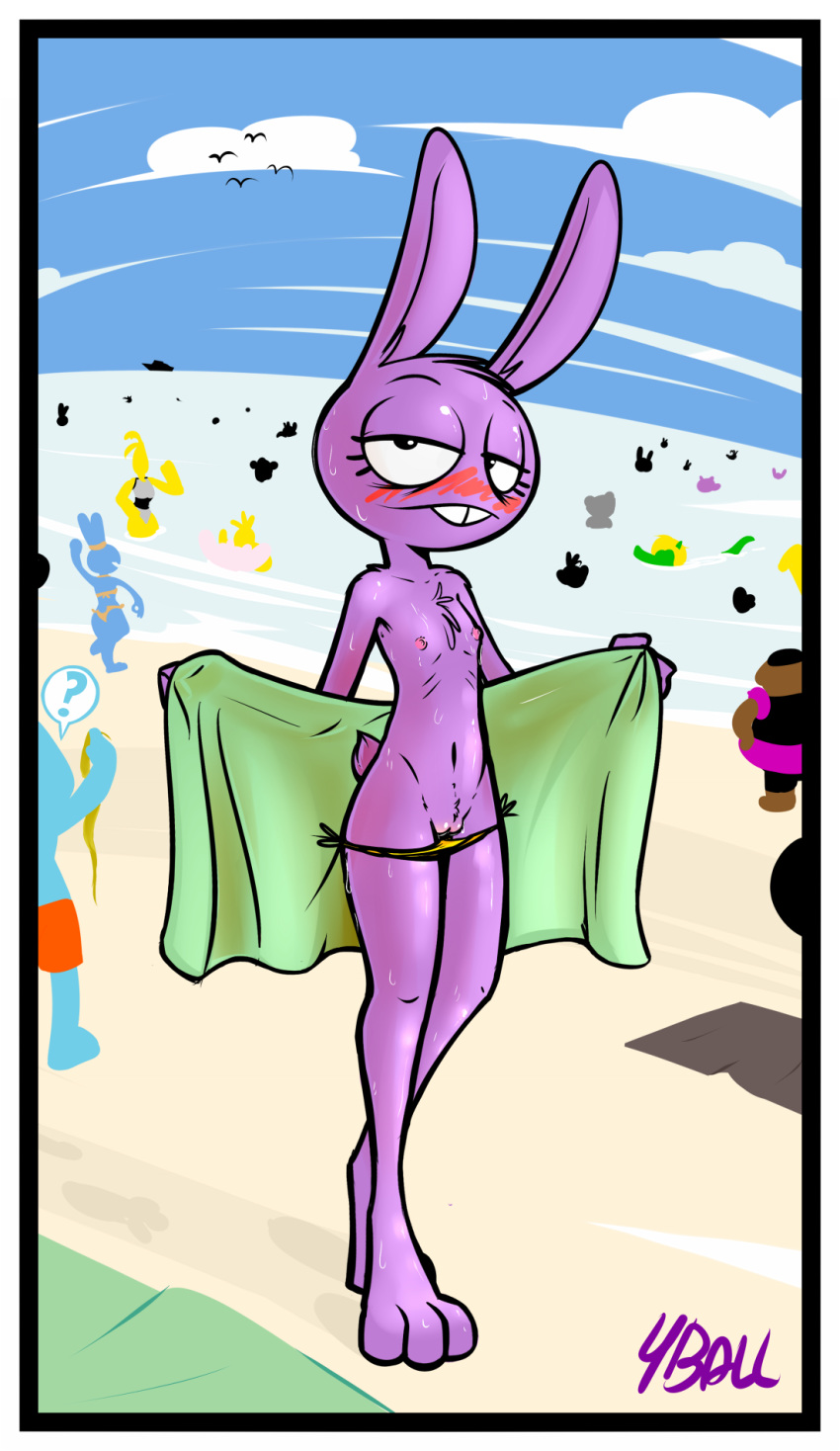 3_toes ? ambiguous_gender beach big_eyes bikini bikini_bottom black_eyebrows black_eyes blush bodily_fluids border buckteeth chest_tuft clothed clothing cloud collarbone day detailed_background digital_media_(artwork) eyebrows eyelashes female female_focus fingers five_nights_at_freddy's five_nights_at_freddy's_2 flashing flat_chested floppy_ears fourball fur genitals group half-closed_eyes hi_res holding_clothing lagomorph leporid looking_at_viewer lop_ears mammal monotone_body monotone_fur narrowed_eyes navel nervous nipples outside panties panties_down partially_clothed pink_nipples pinup pose public pupils purple_body purple_ears purple_fur purple_tail pussy rabbit ribs roommates roommates:motha sand sea seaside signature sky slim small_tail solo_focus speech_bubble standing sweat swimwear teeth toes topless towel tuft underwear video_games water white_pupils yellow_bikini yellow_clothing yellow_swimwear