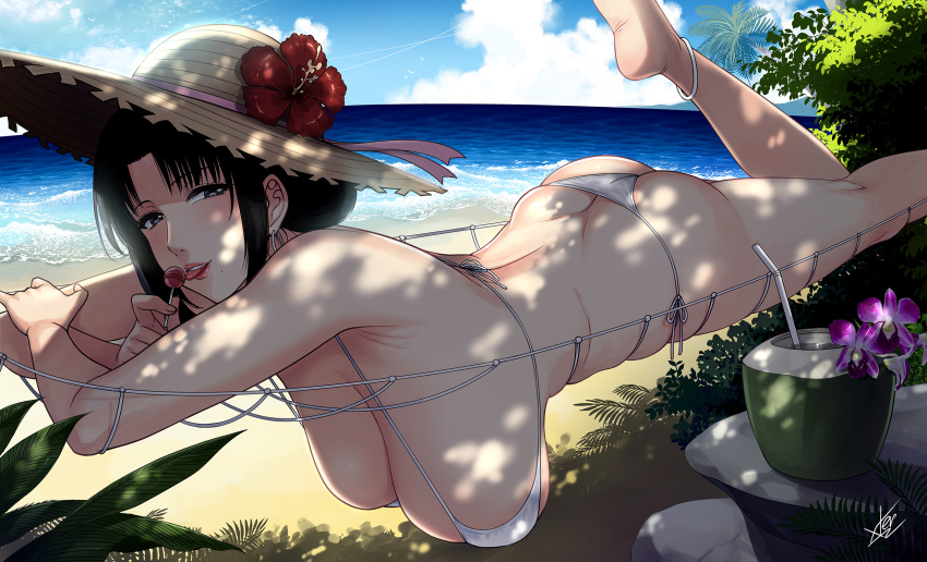 1girl anklet ass bangs bikini black_hair breasts brown_eyes butt_crack candy cloud day drinking_straw earrings flower food fruit hammock hanging_breasts hat hat_flower hat_ribbon highres hoop_earrings jewelry large_breasts leg_up lollipop looking_at_viewer lying mole mole_under_mouth on_stomach original outdoors ribbon shade signature skindentation solo strawberry swimsuit water white_bikini xtermination