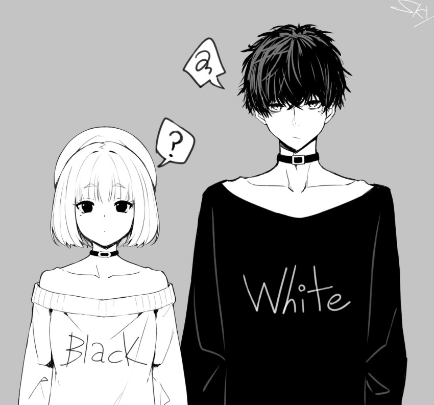 1boy 1girl ? bare_shoulders choker closed_mouth collarbone contrast english_text eyebrows_visible_through_hair greyscale hair_between_eyes hat mole mole_under_eye monochrome original scribble short_hair signature sky_(freedom) speech_bubble upper_body