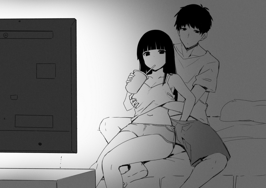 1boy 1girl bangs bare_shoulders barefoot bed breast_grab closed_mouth collarbone couple cup drinking drinking_straw grabbing greyscale handjob holding holding_cup indoors long_hair monochrome navel original sitting sky_(freedom) television watching_television