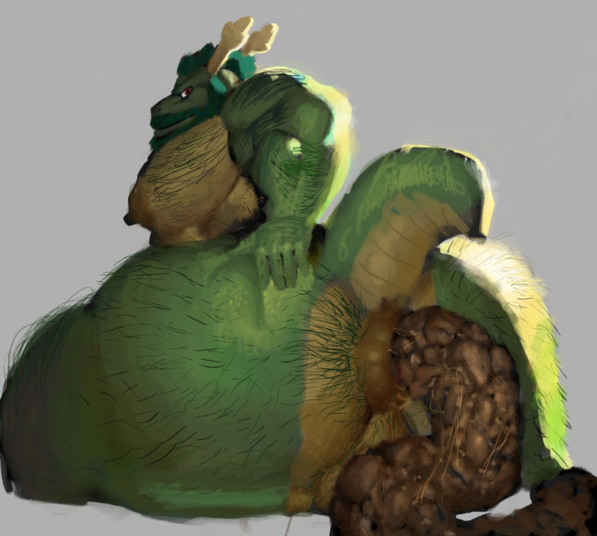 anthro butt dragon feces hairy hybrid hyper hyper_feces male muscular muscular_anthro muscular_male reikomatsu_(artist) scalie scat shenron solo