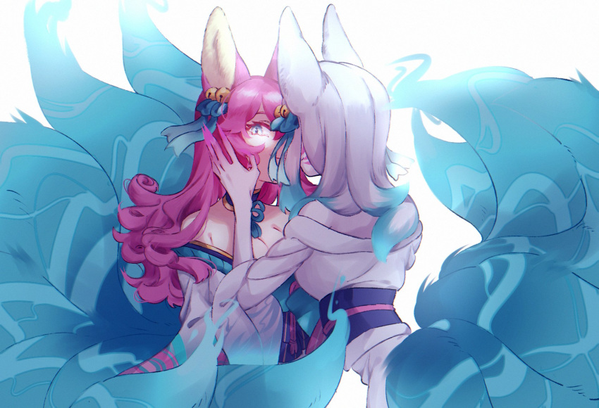 2girls 34_lol7 ahri animal_ears bare_shoulders bell blue_eyes blue_hair breasts cleavage closed_mouth dual_persona facial_mark fingernails fox_ears fox_girl fox_tail hair_bell hair_ornament hand_on_another's_face highres japanese_clothes kimono kumiho league_of_legends long_fingernails long_hair looking_at_viewer multicolored multicolored_hair multiple_girls multiple_tails pale_skin pink_hair sharp_fingernails simple_background smile spirit_blossom_ahri tail very_long_fingernails whisker_markings white_background white_hair yuri
