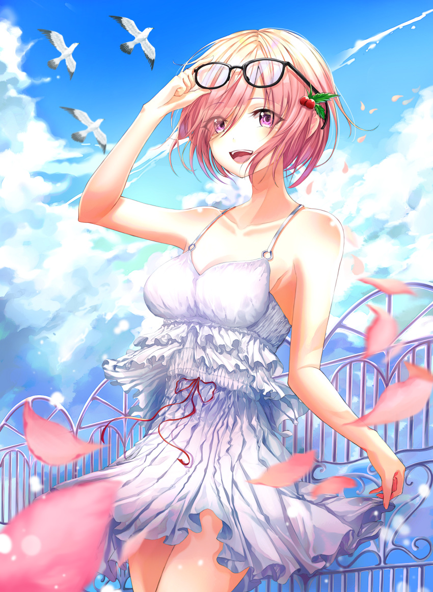 1girl :d absurdres adjusting_eyewear bangs bare_shoulders bird breasts cloud collarbone cowboy_shot csc00014 dress eyebrows_visible_through_hair eyes_visible_through_hair eyewear_on_head fate/grand_order fate_(series) femto frilled_dress frills glasses hair_ornament hair_over_one_eye highres holding holding_clothes holding_dress looking_at_viewer mash_kyrielight o-ring o-ring_top open_mouth petals pink_hair purple_eyes red_ribbon ribbon seagull short_hair sky smile solo sundress thighs tongue upper_teeth white_dress