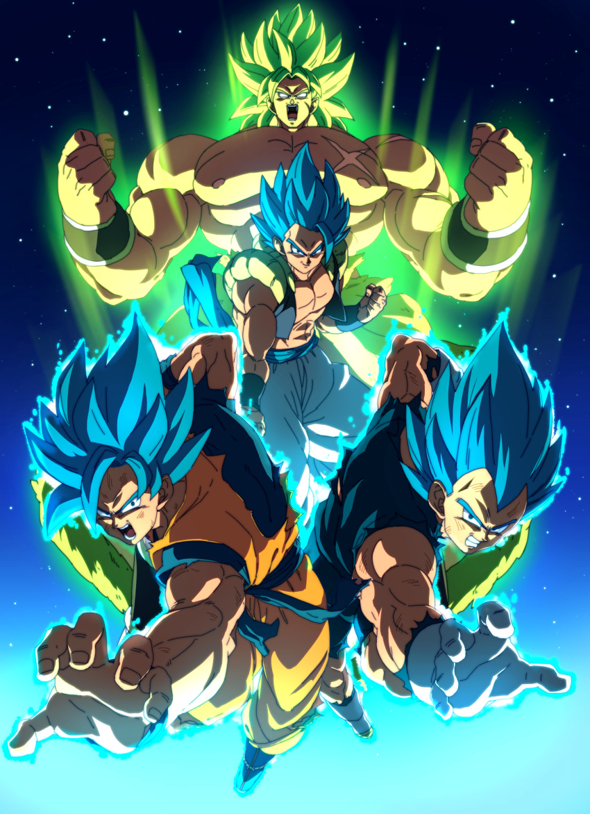 4boys abs angry arm_at_side aura backlighting baggy_pants blue_eyes blue_footwear blue_hair boots broly_(dragon_ball_super) chest_scar clenched_hand clenched_hands clenched_teeth clothes_around_waist dirty dirty_clothes dirty_face dougi dragon_ball dragon_ball_super dragon_ball_super_broly facial_scar fighting_stance fingernails floating gloves glowing glowing_hair gogeta green_hair grin highres light_particles light_rays looking_at_viewer male_focus metamoran_vest multiple_boys muscle nipples no_pupils official_style open_mouth outstretched_hand pants pectorals scar scar_on_cheek scratches screaming shaded_face shirt shirtless side-by-side smile son_gokuu spiked_hair super_saiyan super_saiyan_blue super_saiyan_full_power tasaka_shinnosuke teeth torn_clothes torn_legwear torn_shirt v-shaped_eyebrows vegeta white_gloves white_pants wristband
