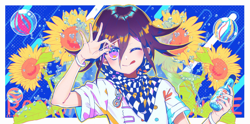 1boy :q blue_background border bracelet bubble buttons chain checkered checkered_scarf colorful danganronpa flipped_hair flower gleam highres jewelry male_focus marble merocake nail_polish new_danganronpa_v3 one_eye_closed ouma_kokichi purple_eyes purple_hair ramune scarf shirt short_hair short_sleeves signature splashing sunflower tongue tongue_out upper_body white_border white_shirt windowboxed