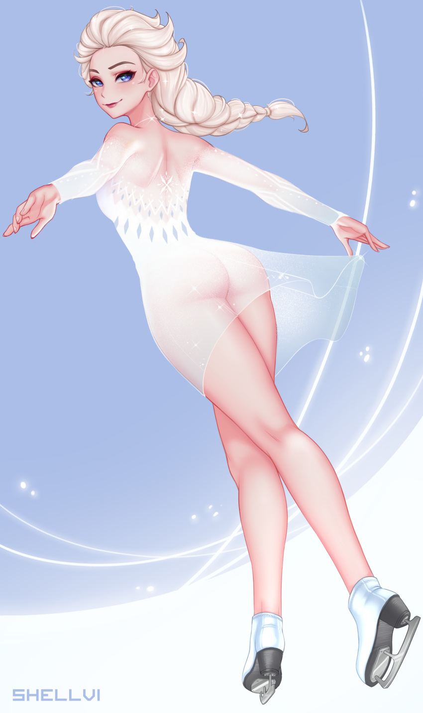 1girl absurdres artist_name ass blonde_hair blue_eyes blush braid breasts dress elsa_(frozen) frozen_(disney) highres ice_skates ice_skating long_hair looking_at_viewer looking_back see-through shellvi single_braid skates skating small_breasts smile solo sparkle white_dress