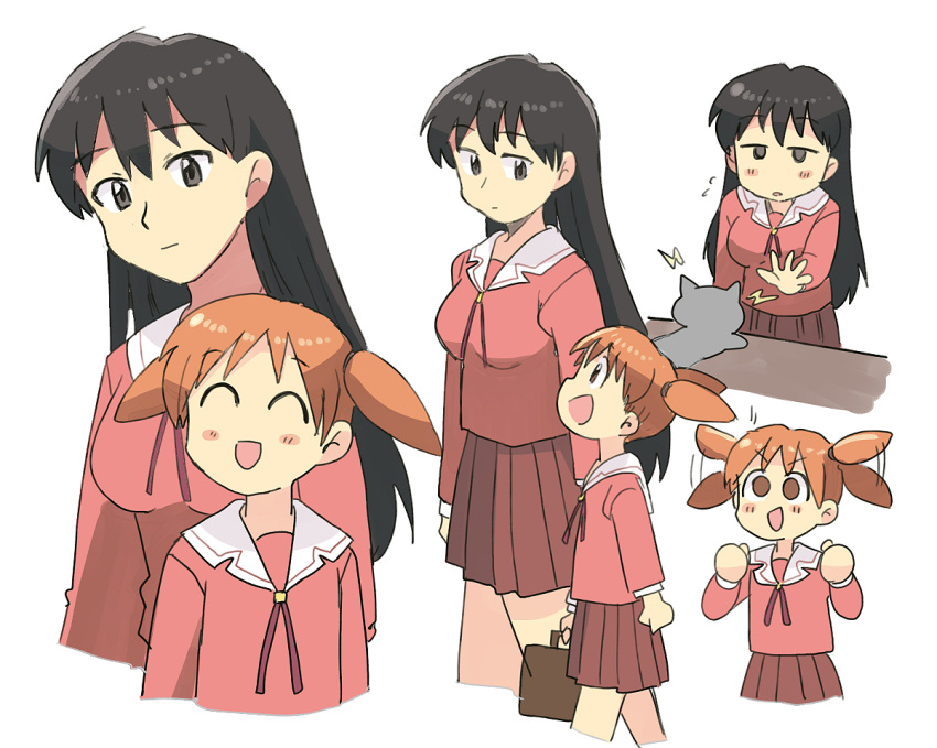 2girls azumanga_daioh black_eyes black_hair blush brown_eyes cat expressive_hair long_hair long_sleeves mihama_chiyo multiple_girls multiple_views open_mouth orange_hair sakaki school_uniform serafuku short_twintails skirt smile tsubobot twintails