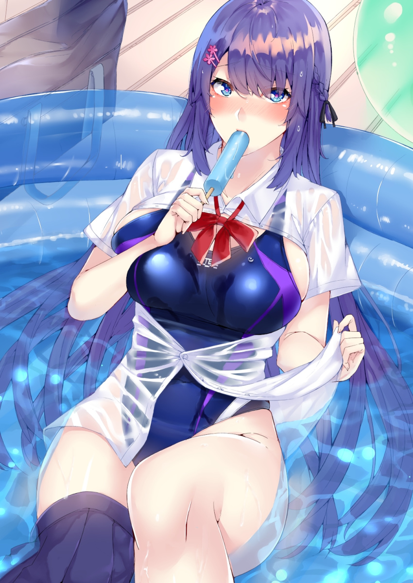 1girl bag blue_eyes blue_skirt blue_swimsuit blush bow breasts cleavage commentary_request competition_swimsuit eating eyebrows_visible_through_hair food highleg highleg_swimsuit highres kaerunoashi large_breasts long_hair looking_at_viewer navel one-piece_swimsuit open_clothes open_shirt original partially_submerged pleated_skirt popsicle purple_hair red_bow school_bag school_uniform shirt skirt skirt_removed solo swimsuit water wet wet_clothes white_shirt