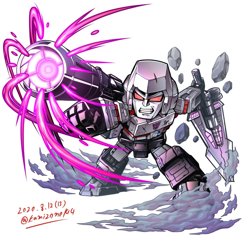 1boy arm_cannon chibi clenched_hand dated highres holding holding_sword holding_weapon kamizono_(spookyhouse) mecha megatron no_humans red_eyes solo sword transformers transformers:_war_for_cybertron_trilogy twitter_username weapon white_background