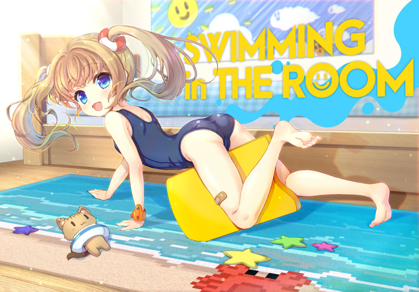 1girl all_fours ass bandaid bandaid_on_leg barefoot between_legs blue_eyes blue_swimsuit brown_hair cameltoe commentary_request feet from_behind full_body indoors innertube kneepits kouguchi_moto leg_up legs long_hair looking_back one-piece_swimsuit open_mouth original school_swimsuit smile soles solo stuffed_toy swimsuit thighs toes twintails wristband