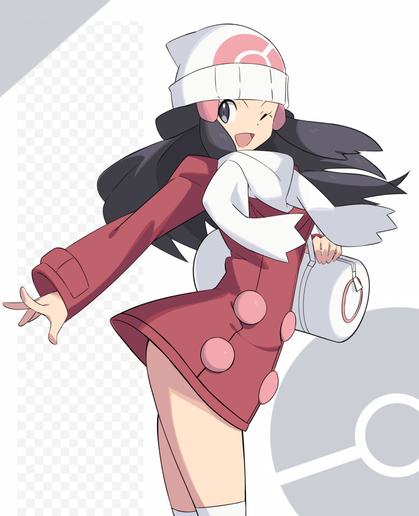 1girl ;d bag beanie black_eyes black_hair checkered coat from_side hat highres hikari_(pokemon) leaning_forward long_hair long_sleeves looking_at_viewer looking_to_the_side no_pants one_eye_closed open_mouth outstretched_arm pokemon pokemon_(game) pokemon_dppt pokemon_platinum red_coat sakuraidai scarf shoulder_bag smile solo standing thighhighs white_headwear white_legwear white_scarf