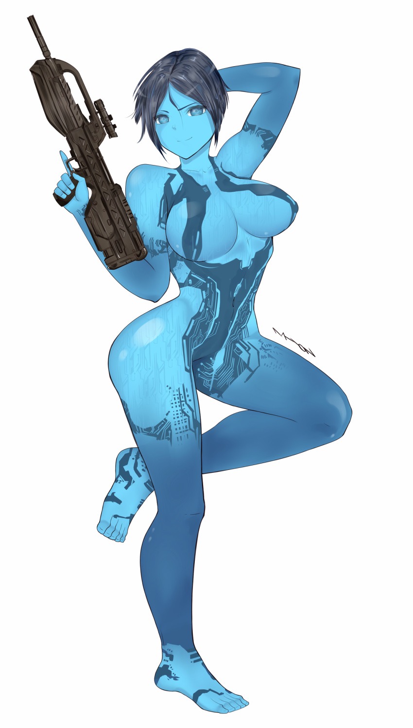 1girl absurdres athan_arion barefoot battle_rifle black_hair blue_eyes blue_skin br55 breasts bullpup commission cortana english_commentary full_body gun halo_(game) hand_behind_head highres holding holding_gun holding_weapon large_breasts looking_at_viewer navel rifle short_hair solo weapon white_background
