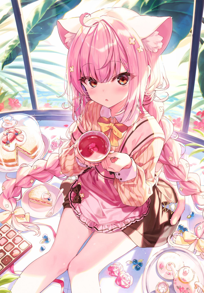 1girl ahoge animal_ear_fluff animal_ears apron bangs blue_berry blush braid brown_eyes brown_skirt cake cat_ears cat_girl cat_tail chocolate commentary_request cup eyebrows_visible_through_hair flower food fork fruit hair_between_eyes hair_flower hair_ornament hairclip highres holding holding_cup looking_at_viewer open_mouth original pink_apron pink_hair plate shinoba shirt sidelocks sitting skirt solo strawberry tail teacup teapot twin_braids window yellow_shirt