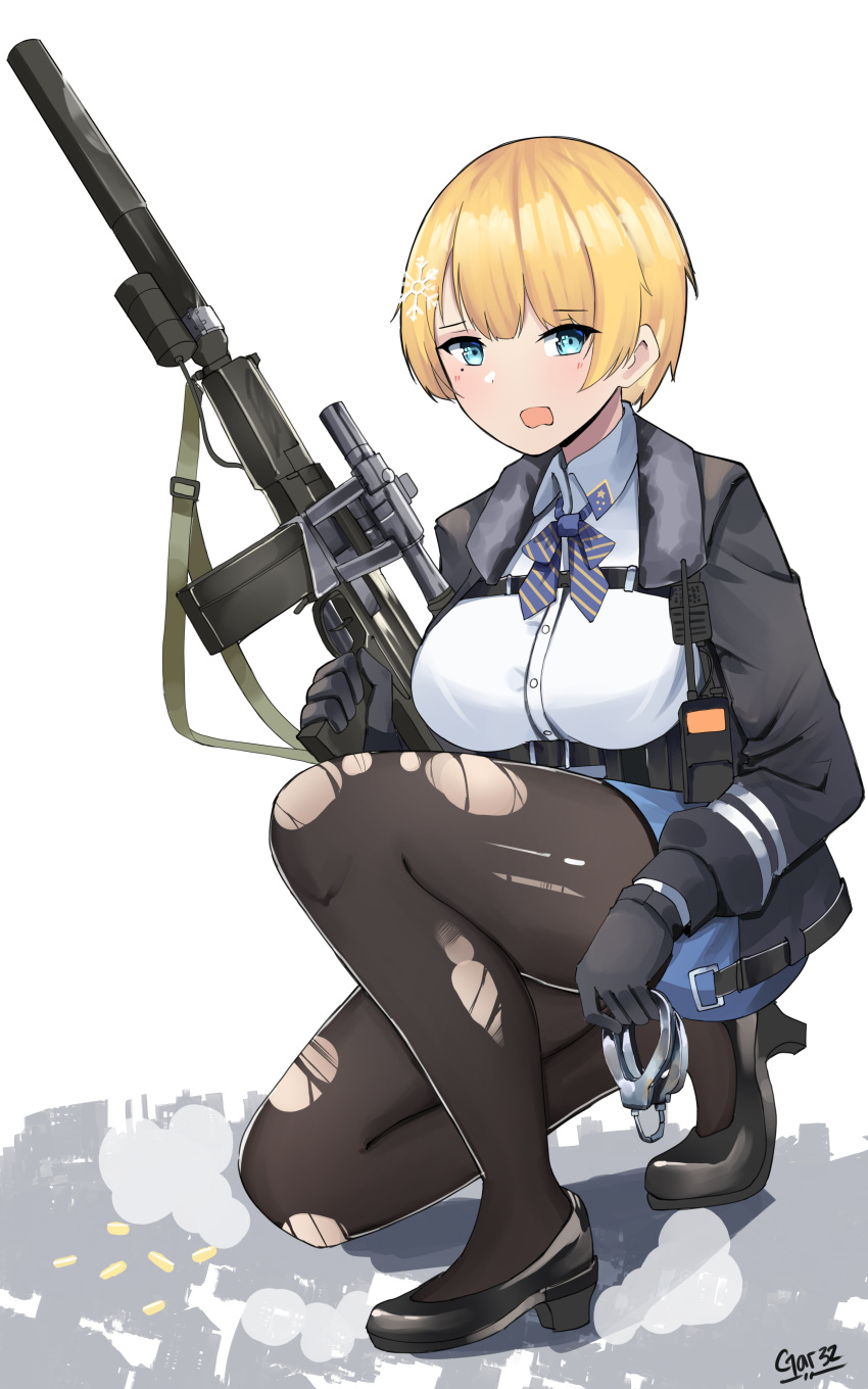 1girl absurdres bangs black_footwear black_gloves black_jacket black_legwear blonde_hair blue_eyes blue_neckwear blue_skirt blush breasts collared_shirt commentary eyebrows_visible_through_hair full_body girls_frontline gloves hair_between_eyes hair_ornament high_heels highres holding_handcuffs indonesian_commentary jacket kneeling large_breasts long_sleeves looking_at_viewer magazine_(weapon) mole mole_under_eye neck_ribbon open_clothes open_jacket open_mouth pantyhose ribbon shadow shirt shirt_tucked_in short_hair sidelocks signature skirt snap-fit_buckle snowflake_hair_ornament solo tegar32 torn_clothes torn_legwear trigger_discipline vsk-94 vsk-94_(girls_frontline) walkie-talkie white_background white_shirt