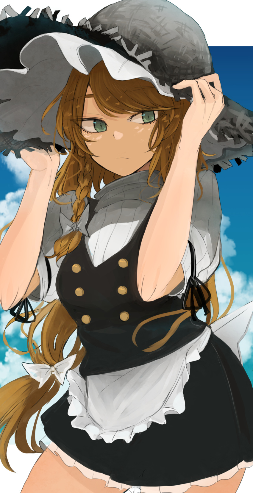 1girl absurdres apron arm_ribbon arms_up bangs black_dress black_headwear black_ribbon blonde_hair bow braid buttons closed_mouth cloud dress dress_bow eyebrows_visible_through_hair frilled_dress frilled_hat frills green_eyes hair_bow hat highres holding holding_clothes holding_hat kirisame_marisa long_hair looking_to_the_side ne_kuro outdoors ribbon shirt short_sleeves single_braid sky solo straw_hat touhou upper_body vest waist_apron white_bow white_frills white_shirt white_sleeves