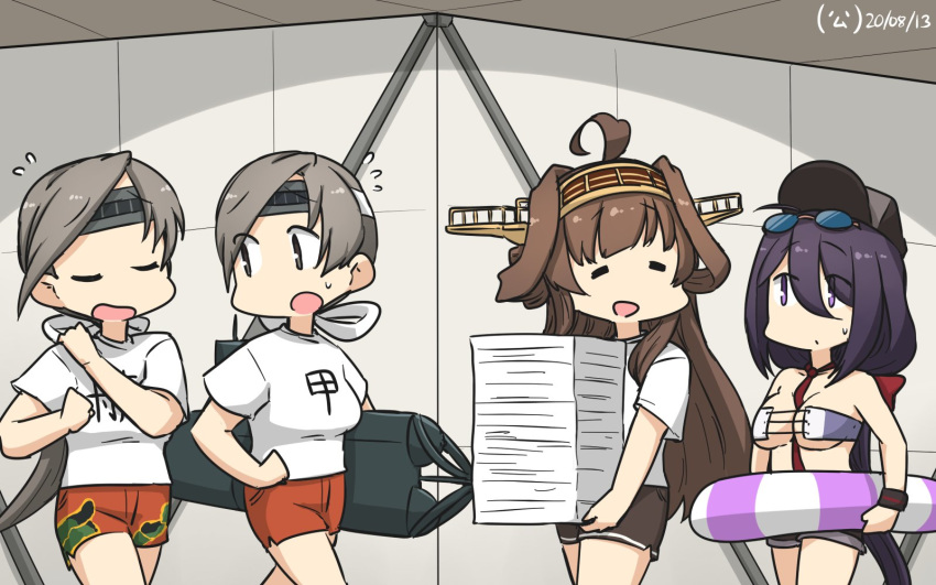 4girls ahoge alternate_costume ariake_(kantai_collection) baseball_cap between_breasts bikini black_hair breasts brown_hair brown_shorts chitose_(kantai_collection) closed_eyes clothes_writing commentary_request corner dated double_bun dual_persona eyewear_on_head grey_hair hair_over_one_eye hairband hamu_koutarou hat headband headgear highres innertube kantai_collection kongou_(kantai_collection) long_hair medium_breasts multiple_girls necktie orange_shorts paper_stack ponytail purple_bikini purple_eyes red_neckwear shirt short_shorts shorts sunglasses swimsuit t-shirt white_shirt