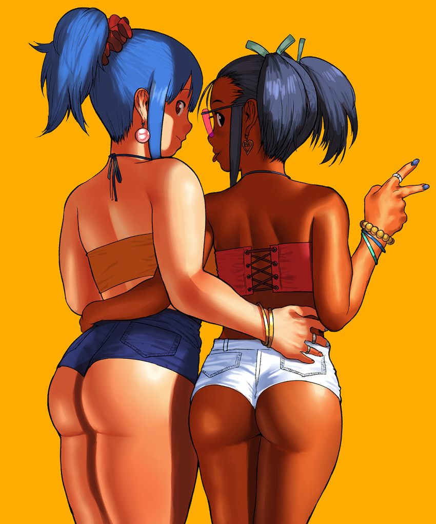 2girls arm_around_waist arung_samudra_(cessa) ass back bangle bare_shoulders black_hair blue_hair borrowed_character bracelet breasts cessa commentary crossover dark_skin earrings english_commentary from_behind hair_ornament hair_ribbon hair_scrunchie heart heart_earrings highres jewelry large_breasts looking_back multiple_girls original pearl_bracelet pink-tinted_eyewear pink_earrings red_eyes red_scrunchie ribbon rimless_eyewear rina_atherina ring scrunchie short_hair short_shorts short_twintails shorts sidelighting spaghetti_strap strapless sunglasses thick_thighs thighs tongue tongue_out tubetop twintails v very_dark_skin yellow_background