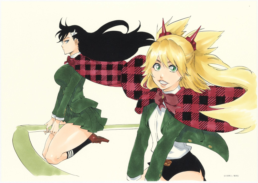 2girls artist_name bangs black_hair black_legwear black_shorts blonde_hair blue_eyes bow breasts burn_the_witch capelet eyelashes green_eyes green_jacket green_skirt hair_ornament highres jacket kubo_taito large_breasts legs_together loafers long_hair long_sleeves looking_at_viewer looking_to_the_side multiple_girls niihashi_noel nini_spangle official_art pleated_skirt school_uniform shirt shoes short_shorts shorts sidelocks simple_background skirt tan_background teeth thighs unmoving_pattern watermark white_shirt