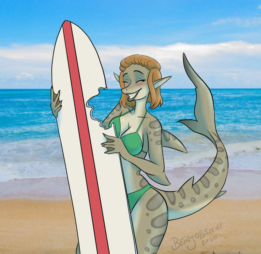 2020 alternate_species anthro beach beingobscene bikini bikini_bottom bikini_top brown_body clothing cloud day eyes_closed female fin fish hair hi_res marine outside photo_background sand seaside shark sharp_teeth smile solo surfboard swimwear teeth vehicle water watercraft