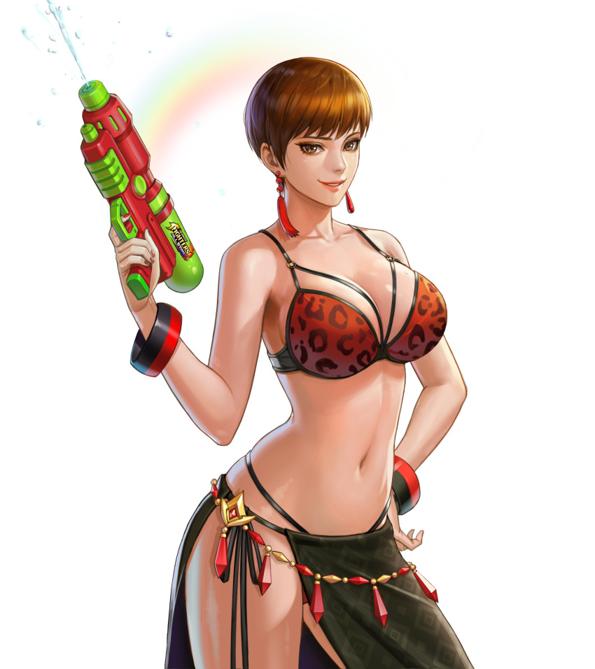 1girl artist_request bangs bare_shoulders bikini bracelet breasts brown_eyes brown_hair cleavage collarbone copyright_name earrings fingernails hand_on_hip hand_up highres holding jewelry lips logo looking_at_viewer mature_(kof) nail_polish navel official_art parted_lips rainbow red_nails sarong shiny shiny_hair shiny_skin short_hair simple_background smile solo stomach swimsuit the_king_of_fighters the_king_of_fighters_all-stars water water_drop water_gun white_background