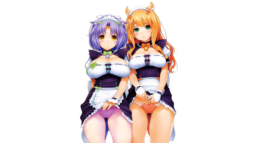 2girls animal_ears catgirl coconut_(sayori) green_eyes headdress ishikei long_hair maid maple_(sayori) nekopara orange_hair panties pantyhose purple_hair scan short_hair skirt_lift underwear white yellow_eyes