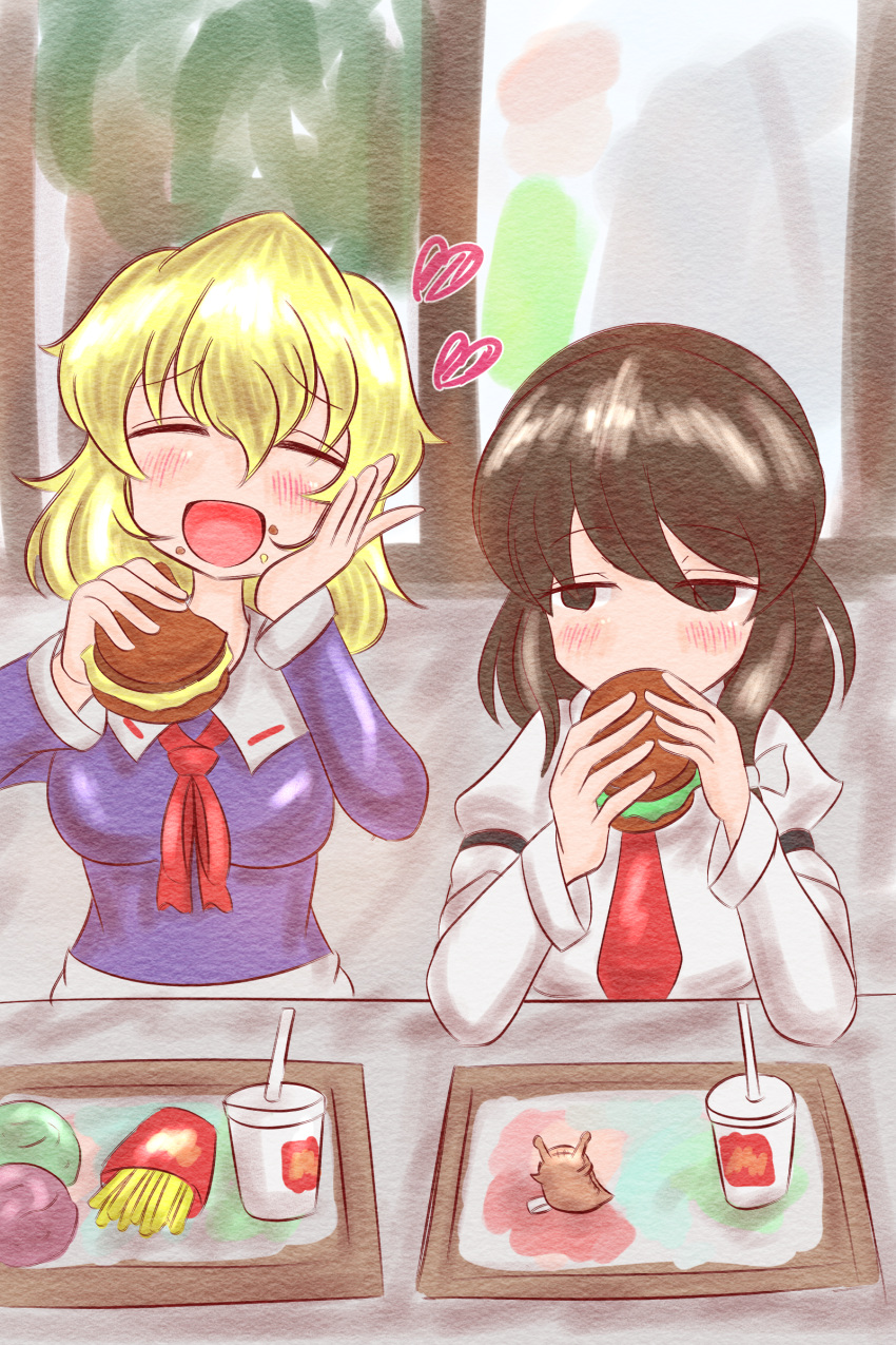 2girls absurdres blonde_hair brown_hair commentary_request crumbs cup disposable_cup drinking_straw eating food french_fries hamburger happy highres lettuce looking_at_another maribel_hearn mcdonald's multiple_girls no_hat no_headwear ron_samu_jouji sitting slug stuffed_toy touhou usami_renko