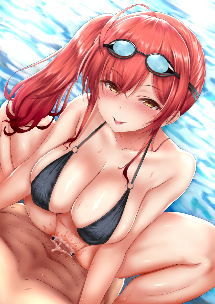 1boy 1girl :d :p absurdres ahoge azur_lane bangs bikini black_bikini blush breasts censored cleavage collarbone cowgirl_position cum cum_in_pussy day eyebrows_visible_through_hair girl_on_top goggles goggles_on_head half-closed_eyes hetero highres large_breasts long_hair looking_at_viewer mosaic_censoring nipples o-ring o-ring_bikini open_mouth outdoors penis poolside pov pussy red_hair sex side_ponytail smile solo_focus straddling swimsuit tongue tongue_out u4284g vaginal wet zara_(azur_lane) zara_(poolside_coincidence)_(azur_lane)