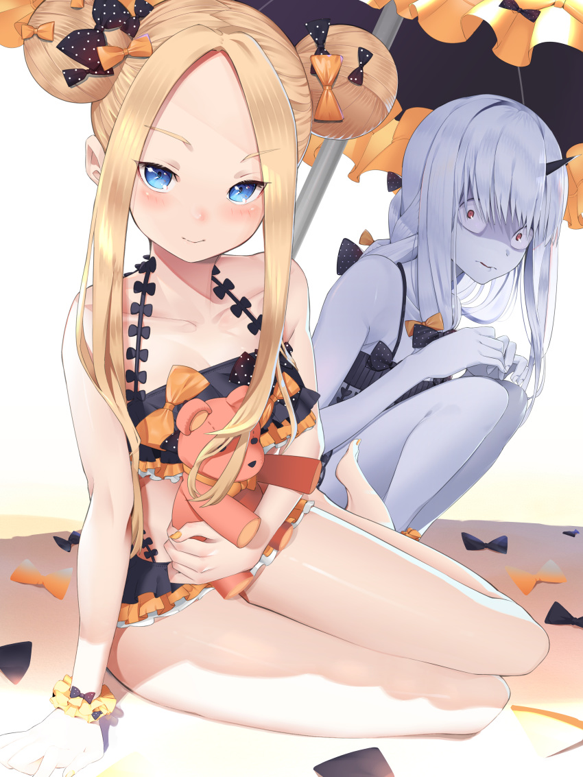 2girls abigail_williams_(fate/grand_order) absurdres albino bangs bare_shoulders bikini black_bikini black_bow black_skirt blonde_hair blue_eyes blush bow breasts collarbone double_bun emerald_float fate/grand_order fate_(series) forehead frilled_bikini frills highres horns lavinia_whateley_(fate/grand_order) long_hair looking_at_viewer microskirt multiple_bows multiple_girls orange_bow parted_bangs polka_dot polka_dot_bow purple_eyes shiro_ami sidelocks simple_background single_horn sitting skirt small_breasts smile squatting stuffed_animal stuffed_toy swimsuit teddy_bear thighs umbrella white_background white_hair wide-eyed