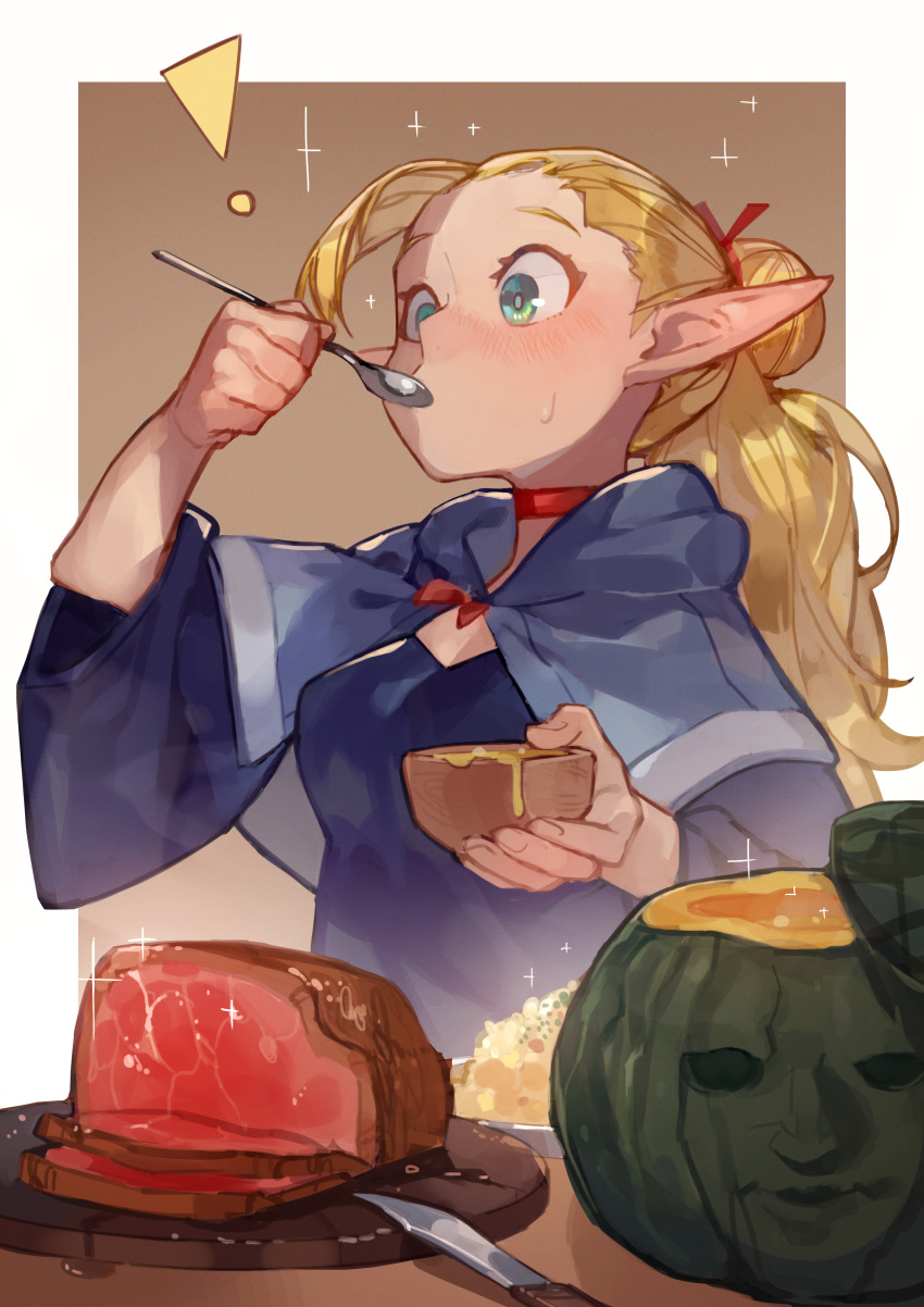 ! 1girl absurdres blonde_hair blush bowl brown_background capelet commentary_request dungeon_meshi eating elf food green_eyes hair_bun hair_ribbon highres huge_filesize long_hair looking_away marcille meat pointy_ears ponytail pumpkin red_ribbon ribbon solo spoon two-tone_background uedrk_yamato upper_body white_background