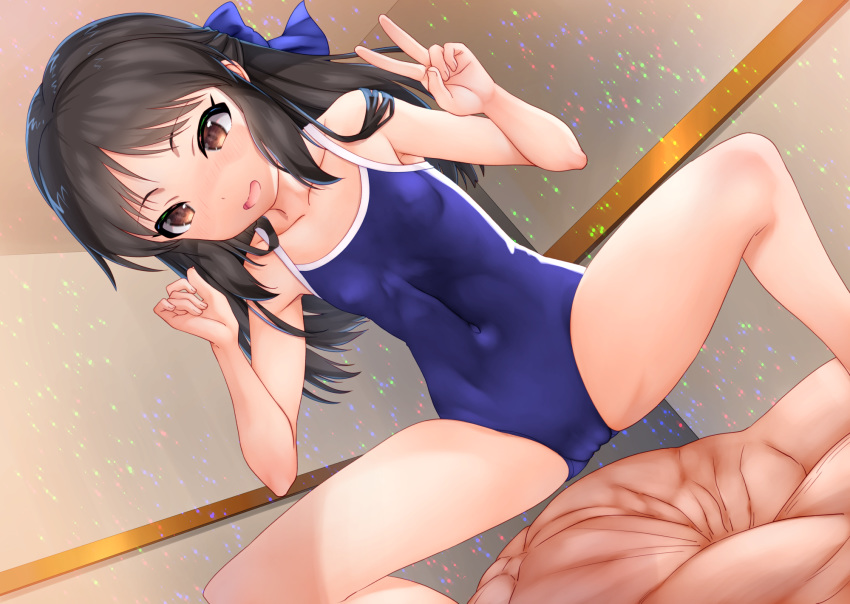 1boy 1girl bangs blue_bow blue_swimsuit blush bow breasts brown_eyes brown_hair collarbone covered_navel hair_bow half_updo highres idolmaster idolmaster_cinderella_girls long_hair okina_ika one-piece_swimsuit open_mouth parted_bangs sidelocks small_breasts smile spread_legs squatting swimsuit tachibana_arisu thighs v