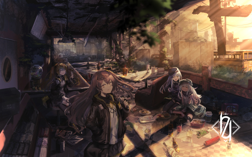 404 404_(girls_frontline) 4girls absurdres alcohol ammo_box aritsuno background_text bag bag_of_chips bangs bar_stool beret black_footwear black_gloves black_jacket black_legwear black_neckwear black_ribbon black_shorts black_skirt blue_sky blunt_bangs blush boots brown_eyes brown_hair building bus bush car ceiling cereal chair chinese_food chocolate closed_eyes closed_mouth cloud cloudy_sky collarbone combat_boots commentary commentary_request concrete couch counter cross_hair_ornament crossed_legs cup diner door doughnut drink drinking_glass eating energy_drink english_text evening eyebrows_visible_through_hair facial_mark feeding feet_together fingerless_gloves food fork french_fries g11_(girls_frontline) gin girls_frontline gloves goggles goggles_around_neck grass green_eyes green_headwear green_jacket grey_hair ground_vehicle hair_ornament hair_over_shoulder hair_ribbon hairclip hamburger hands_in_pocket hanging_light hat head_tilt headband highres hk416_(girls_frontline) holding holding_bag holding_chocolate holding_food holding_fork http_status_code indoors jacket ketchup ketchup_bottle kitchen knee_guards knee_pads lamp leaning leaning_forward legs_together long_hair long_jacket looking_at_another looking_at_viewer loose_clothes loose_shirt lounge_chair miniskirt motor_vehicle multiple_girls neck_ribbon neckwear noodles on_chair on_stool open_clothes open_jacket pantyhose partial_commentary plant plate pleated_skirt pot purple_jacket purple_scarf rations red_footwear red_headband ribbon ruins scar scar_across_eye scarf school_bus shadow shirt shoes short_shorts shorts side_ponytail sidelocks silver_hair sitting skirt sky skyscraper sleeveless sleeveless_shirt smile smoothie standing stool sunlight sunset table tagme tattoo teardrop teardrop_tattoo thighhighs tree twintails ump45_(girls_frontline) ump9_(girls_frontline) urban utility_pole van wariza whiskey white_gloves white_shirt yellow_eyes