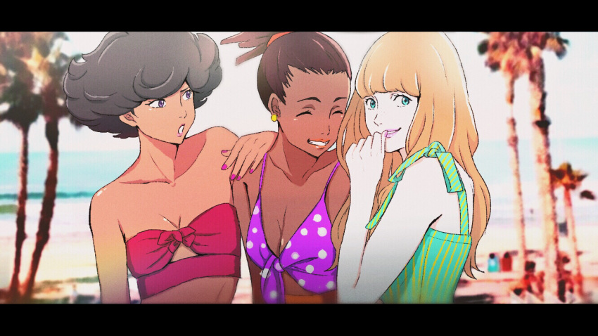 3girls :o ^_^ angela_carpenter aqua_eyes arashi_(boom_sate225) arm_at_side arms_at_sides bangs bare_arms bare_shoulders beach bikini black_hair blonde_hair blunt_bangs blurry blurry_background breasts brown_hair carole_&amp;_tuesday carole_stanley cleavage clenched_teeth close-up closed_eyes collarbone commentary curly_hair dark_skin day depth_of_field earrings fingernails freckles front-tie_top furrowed_eyebrows green_bikini hand_on_another's_shoulder hand_to_own_mouth hand_up high_ponytail jewelry laughing letterboxed lips long_hair looking_at_another looking_away looking_down looking_to_the_side multiple_girls ocean open_mouth outdoors palm_tree pink_bikini pink_nails polka_dot polka_dot_bikini ponytail purple_bikini purple_eyes purple_nails sand shiny shiny_skin short_hair side-by-side small_breasts standing strapless strapless_bikini striped striped_bikini swimsuit symbol_commentary teeth tree tuesday_simmons upper_body vertical-striped_bikini vertical_stripes very_dark_skin very_short_hair water