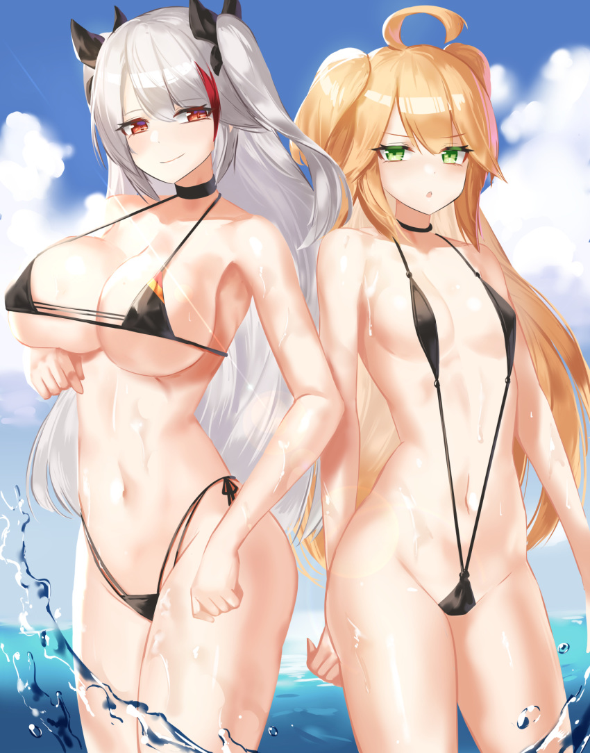 2girls :o admiral_hipper_(azur_lane) ahoge antenna_hair arm_under_breasts armpits azur_lane bangs bare_shoulders bikini black_bikini black_choker black_ribbon blonde_hair blue_sky blush breasts choker cleavage cloud collarbone commentary_request cowboy_shot day eyebrows_visible_through_hair flag_print german_flag_bikini green_eyes groin hair_between_eyes hair_ribbon highleg highleg_bikini highres large_breasts long_hair looking_at_viewer midriff moros multicolored_hair multiple_girls navel ocean outdoors prinz_eugen_(azur_lane) prinz_eugen_(unfading_smile)_(azur_lane) red_eyes red_hair revealing_clothes ribbon side-by-side side-tie_bikini sidelocks silver_hair sky slingshot_swimsuit small_breasts smile standing streaked_hair swept_bangs swimsuit two_side_up underboob water_drop wet