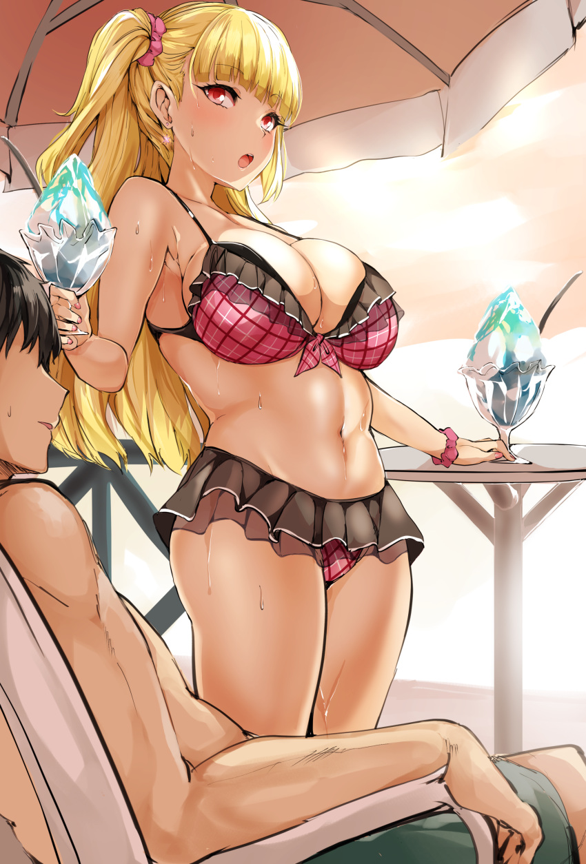 1boy 1girl absurdres agetama bangs bikini bikini_skirt blonde_hair blunt_bangs blush breasts chair cleavage collarbone cup day hair_ornament hair_scrunchie highres holding holding_cup large_breasts long_hair looking_at_viewer lounge_chair navel open_mouth outdoors red_eyes scrunchie sitting stomach sweat swimsuit table thighs tokyo_7th_sisters two_side_up uesugi_u_kyouko umbrella