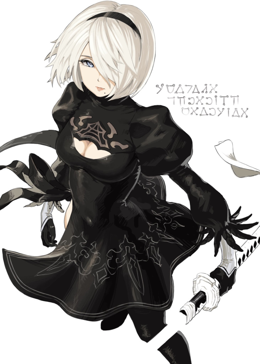 1girl bangs black_dress black_hairband boots breasts cleavage_cutout dress feather-trimmed_sleeves gloves hairband highres juliet_sleeves katana large_breasts long_sleeves looking_at_viewer mole mole_under_mouth nier_(series) nier_automata omaru_gyuunyuu puffy_sleeves short_hair simple_background sword thigh_boots thighhighs virtuous_contract weapon white_background yorha_no._2_type_b