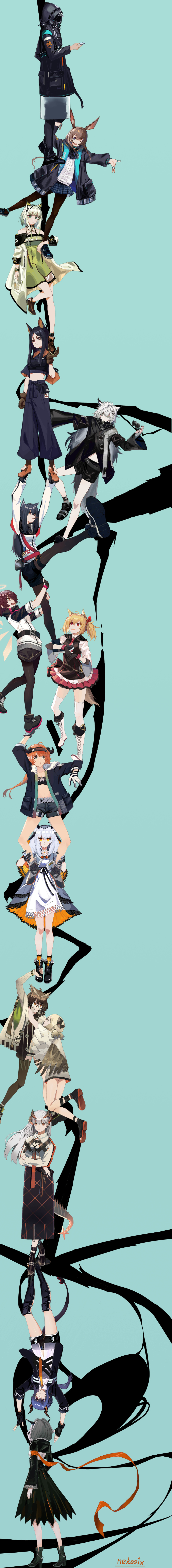 1other 6+girls :o :| ^_^ absurdres amiya_(arknights) animal_ear_fluff animal_ears arknights ascot baggy_pants bangs bare_shoulders belt bikini black_footwear black_gloves black_hair black_jacket black_legwear black_pants black_skirt blonde_hair blue_background blue_eyes blue_hair boots brown_eyes brown_footwear brown_gloves brown_hair brown_legwear bunny_ears capelet cat_ears cellphone ch'en_(arknights) chain checkered checkered_skirt chinese_commentary choker closed_eyes closed_mouth collared_shirt commentary_request croissant_(arknights) cross-laced_footwear crossed_arms dobermann_(arknights) doctor_(arknights) dragon_horns dragon_tail dress durarara!! earrings eating expressionless exusiai_(arknights) feather_trim food frilled_skirt frilled_sleeves frills from_behind from_side fur-trimmed_jacket fur_collar fur_trim glasses gloves goggles goggles_around_neck green_dress green_eyes green_footwear grey_eyes grey_footwear grey_gloves hair_between_eyes hair_ornament hair_over_one_eye hairclip halo heart high_heels highres holding holding_another's_foot holding_another's_leg holding_person holding_phone hood hooded_jacket horns hug ifrit_(arknights) incredibly_absurdres jacket jewelry kal'tsit_(arknights) lace-up_boots lappland_(arknights) loafers long_hair long_image long_sleeves looking_at_another looking_at_viewer looking_to_the_side midriff multicolored_hair multiple_girls necktie nekos1x one_eye_closed open_clothes open_jacket open_mouth orange_eyes orange_hair originium_arts_(arknights) owl_ears pants pantyhose parody phone pink_eyes pink_neckwear platinum_blonde_hair pleated_skirt pocky ptilopsis_(arknights) red_belt red_eyes red_hair red_ribbon ribbon ring saria_(arknights) shirt shoes short_eyebrows short_hair shorts sidelocks silence_(arknights) silver_hair simple_background single_thighhigh skirt sleeves_rolled_up smartphone smile sora_(arknights) standing star_(symbol) swept_bangs swimsuit tail tall_image texas_(arknights) thighhighs twintails two-tone_hair upside-down w_(arknights) watch white_dress white_footwear white_gloves white_hair white_jacket white_shirt wide_sleeves wolf_ears wristwatch yellow_eyes yellow_neckwear