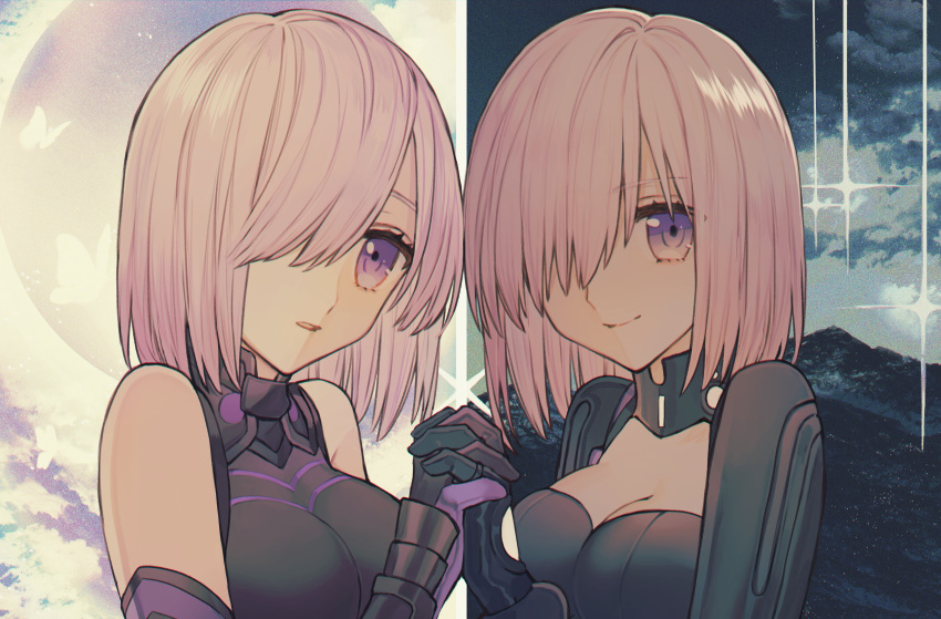absurdres albino_(a1b1n0623) armor armored_dress armored_leotard before_and_after black_armor black_leotard breasts cleavage dual_persona fate/grand_order fate_(series) gloves hair_over_one_eye highres holding_hands huge_filesize interlocked_fingers leotard looking_at_another mash_kyrielight open_mouth ortenaus purple_eyes purple_gloves purple_hair short_hair smile