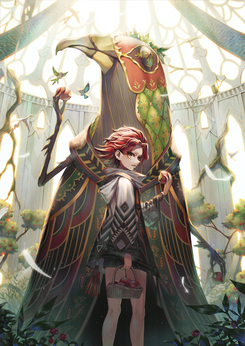 androgynous apple basket bird brown_eyes ear_piercing eating fantasy feathers food fruit highres hood indoors monster original piercing plant red_hair sho_(sumika) short_hair standing tassel tree vines