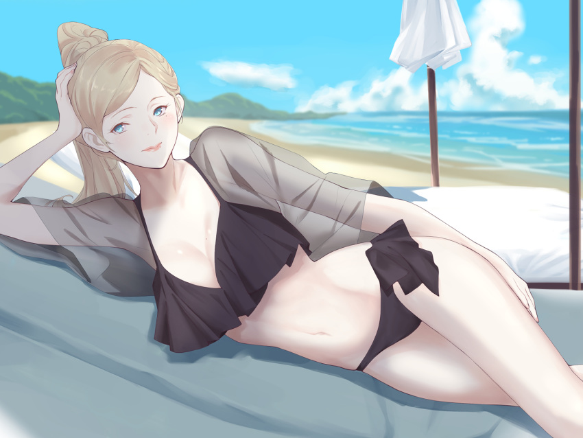 1girl alternate_hairstyle arm_support beach beach_umbrella bikini black_bikini blonde_hair blue_eyes blue_sky breasts chair cleavage cloud commentary_request day frilled_bikini frills hair_between_eyes highres horizon kantai_collection long_hair looking_at_viewer lounge_chair lying medium_breasts mole mole_under_eye mole_under_mouth mountain ocean on_side outdoors ponytail richelieu_(kantai_collection) shingyo side-tie_bikini sky solo swimsuit umbrella