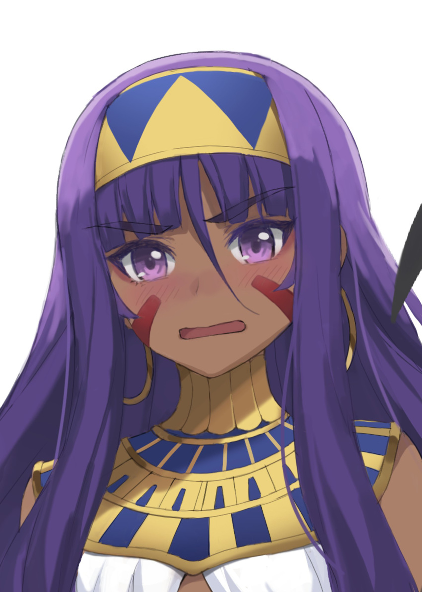 1girl absurdres bangs bare_shoulders blush breasts dark_skin earrings egyptian facepaint facial_mark fate/grand_order fate_(series) hair_between_eyes halter_top halterneck highres hoop_earrings jewelry long_hair looking_at_viewer nitocris_(fate/grand_order) open_mouth purple_eyes purple_hair sidelocks simple_background tonee usekh_collar very_long_hair white_background