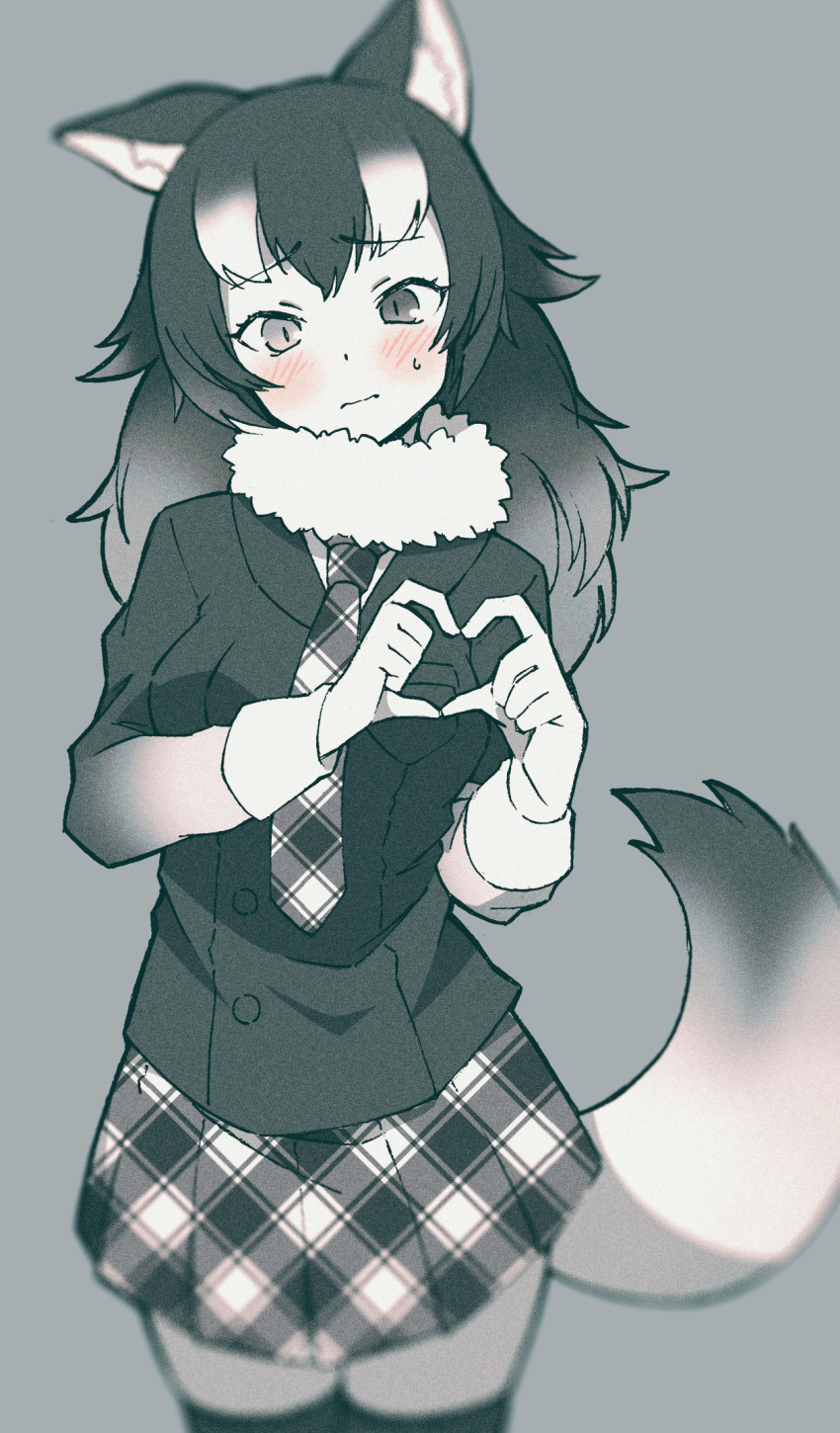 1girl animal_ears blush commentary_request cowboy_shot eyebrows_visible_through_hair fur_collar gloves grey_wolf_(kemono_friends) greyscale heart heart_hands heterochromia highres jacket kemono_friends kemono_friends_3 long_hair long_sleeves monochrome mujirushi_illust necktie plaid plaid_neckwear plaid_skirt pleated_skirt skirt sleeve_cuffs solo sweat tail thighhighs wolf_ears wolf_girl wolf_tail zettai_ryouiki
