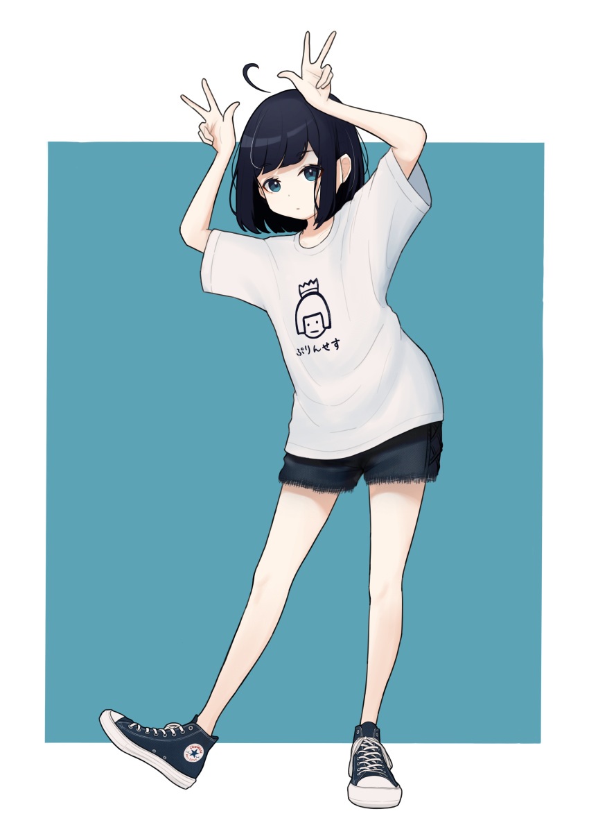 1girl 1ssakawaguchi absurdres ahoge arms_up bangs bare_legs black_eyes black_hair blue_footwear clothes_writing commentary_request denim denim_shorts detached_ahoge expressionless full_body green_background highres looking_at_viewer multicolored_footwear original pale_skin shirt shoes short_shorts short_sleeves shorts sneakers t-shirt translation_request two-tone_background w white_background white_footwear