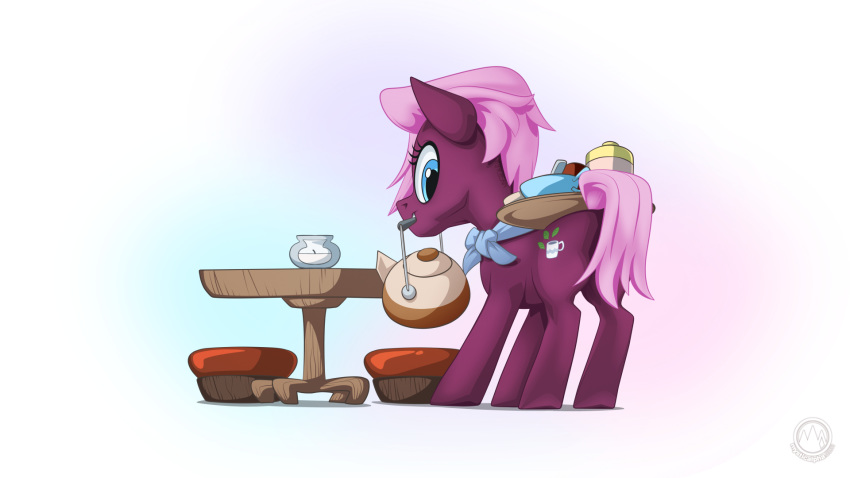 16:9 2020 bandanna candle carrying_object clothing cutie_mark digital_media_(artwork) equid equine eyelashes female feral fur furniture hair hasbro hi_res horse kerchief mammal my_little_pony mysticalpha pink_hair pony purple_body purple_fur rear_view smile solo standing table teapot tray widescreen