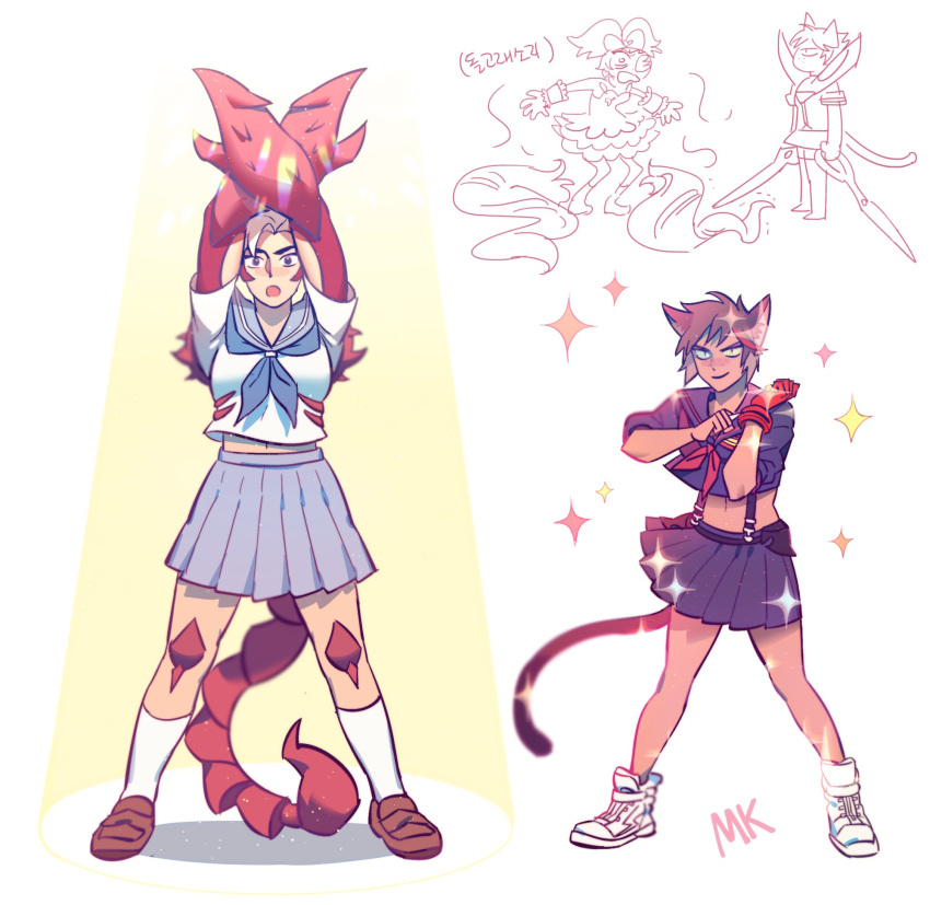 animal_ears arms_up brown_hair cat_ears cat_girl cat_tail catra claws cosplay heterochromia highres kill_la_kill looking_at_viewer mankanshoku_mako mankanshoku_mako_(cosplay) masters_of_the_universe matoi_ryuuko matoi_ryuuko_(cosplay) midriff mondaykilly navel open_mouth parody pose sailor_collar school_uniform scorpia scorpion_girl scorpion_tail senketsu she-ra_and_the_princesses_of_power short_hair silver_hair skirt smile standing suspenders tail