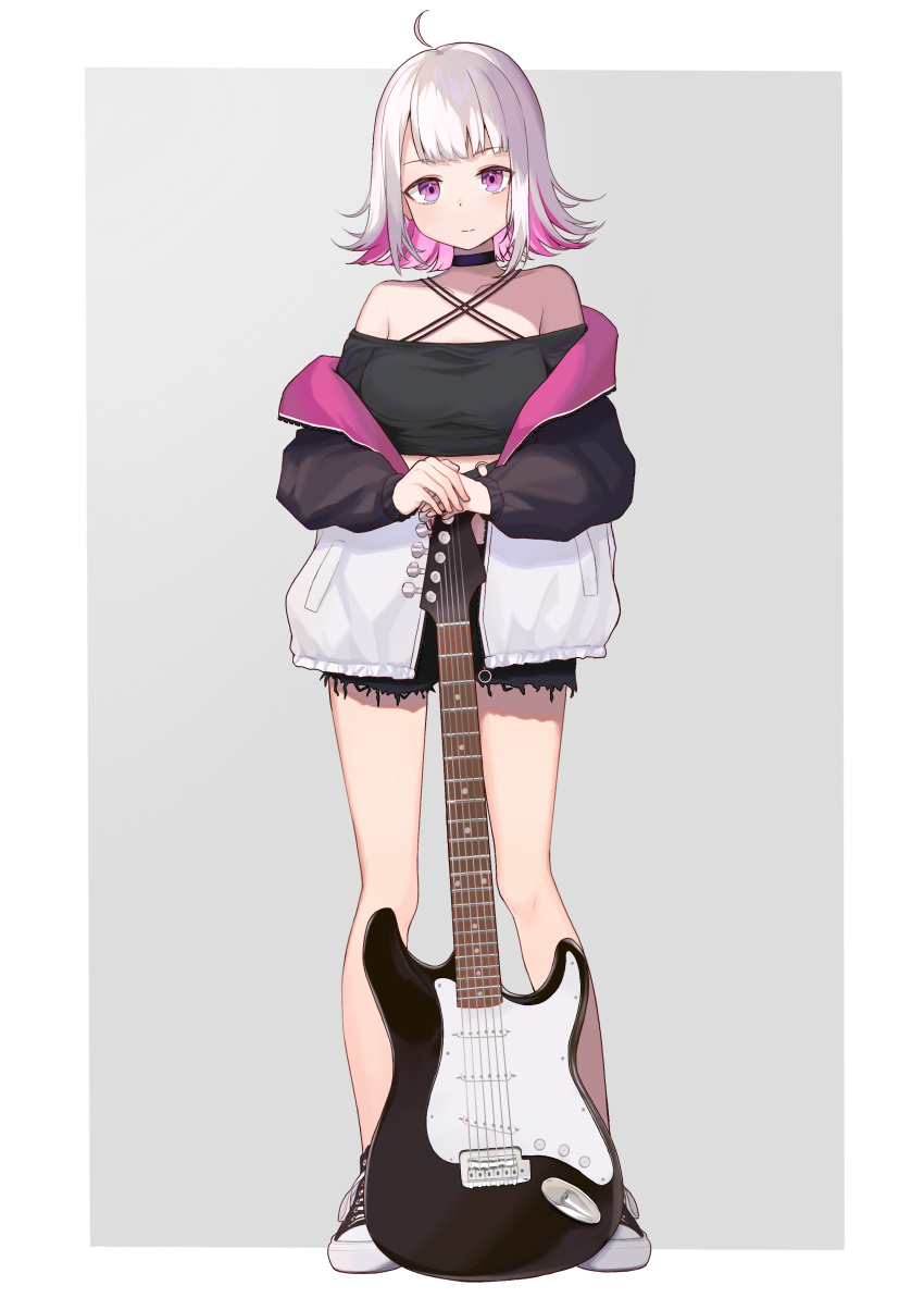 1girl 1ssakawaguchi absurdres ahoge bangs bare_legs bare_shoulders black_choker black_jacket blush border breasts brown_footwear choker collarbone colored_inner_hair commentary_request crop_top expressionless flipped_hair grey_background grey_hair guitar highres holding holding_instrument instrument jacket long_sleeves looking_at_viewer medium_breasts multicolored multicolored_clothes multicolored_footwear multicolored_hair multicolored_jacket original outside_border pink_eyes pink_hair pink_jacket shoes short_hair sneakers symbol_commentary white_border white_footwear white_jacket