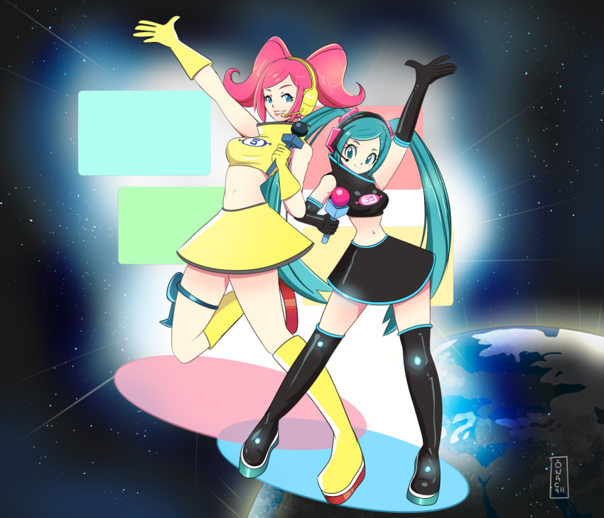 2girls :d arm_up artist_logo artist_name black_gloves black_shirt blue_eyes boots commentary company_connection crop_top crossover disconnected_mouth earth elbow_gloves energy_gun gloves grin hatsune_miku headset high_collar highres holding holding_microphone holster knee_boots long_hair looking_at_viewer matching_outfit microphone midriff miniskirt multiple_girls navel neon_trim onac911 open_mouth pink_lips platform_footwear print_shirt ray_gun shiny shirt signature skirt sleeveless smile space space_channel_5 standing standing_on_one_leg thigh_boots thigh_holster thigh_strap thighhighs twintails ulala very_long_hair vocaloid weapon yellow_footwear yellow_gloves zettai_ryouiki