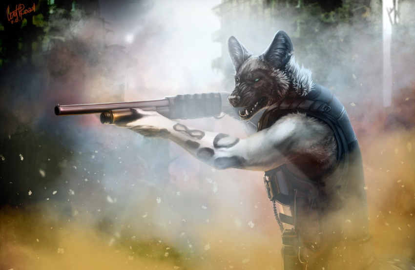 2020 african_wild_dog anthro black_nose blue_eyes brown_body brown_fur canid canine clothed clothing digital_media_(artwork) fur gun holding_gun holding_object holding_weapon inner_ear_fluff male mammal open_mouth ranged_weapon shotgun solo spots spotted_body spotted_fur standing teeth tongue tuft weapon white_body white_fur wolfsroad