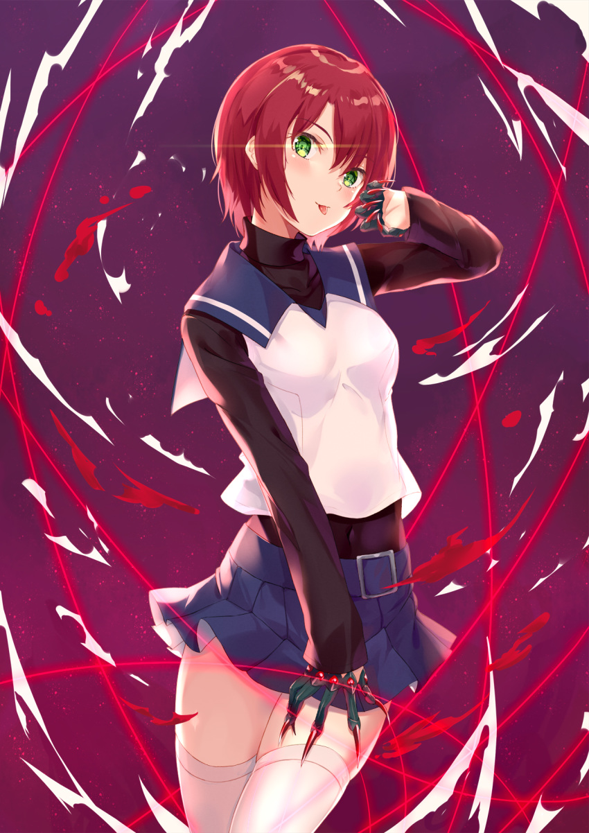 1girl :p claw_(weapon) fuuka_academy_uniform green_eyes highres looking_at_viewer my-hime navy_blue_skirt pleated_skirt red_hair school_uniform short_hair skirt solo thighhighs tongue tongue_out weapon white_legwear yongheng_zhi_wu yuuki_nao